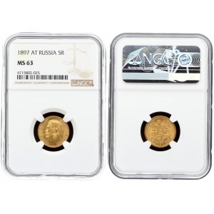 Russia 5 Roubles 1897 (АГ) St. Petersburg. Nicholas II (1894-1917). Averse: Head left. Reverse...