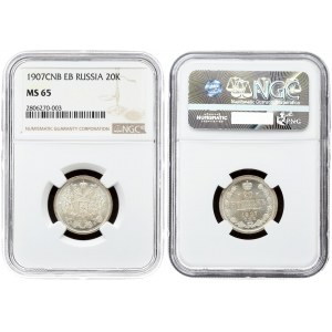 Russia 20 Kopecks 1907 СПБ ЭБ St. Petersburg. Nicholas II (1894-1917). Averse: Crowned double...