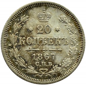 Russland, Alexander II, 20 Kopeken 1867 HI, St. Petersburg, UNC