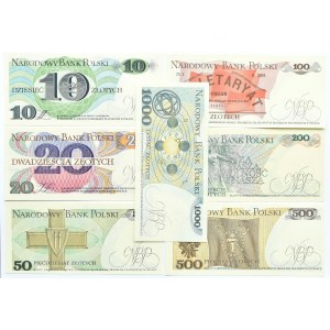 Polska, PRL, lot 7 banknotów 10-1000 złotych, UNC