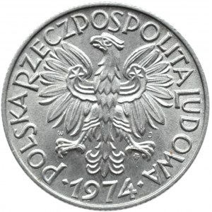 Polska, PRL, Rybak, 5 złotych 1974, Warszawa, IDEALNE, UNC