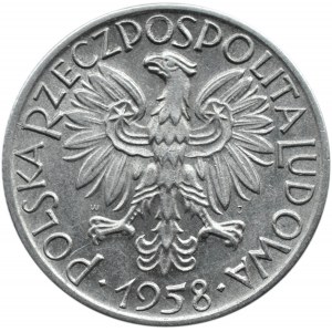 Polska, PRL, Rybak, 5 złotych 1958, wąska ósemka