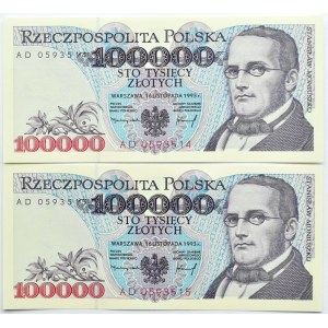 Polska, III RP, 2 X 100 000 złotych 1993, seria AD, UNC, kolejne numery