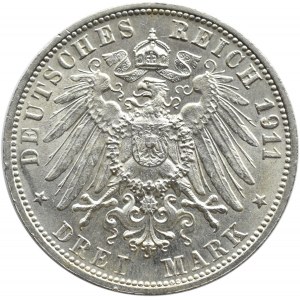 Niemcy, Wirtembergia, Wilhelm i Charlotte, 3 marki 1911 F, Stuttgart, UNC