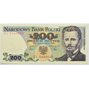 Polska, PRL, 200 złotych 1982, seria CL, Warszawa, UNC, numer 0400020