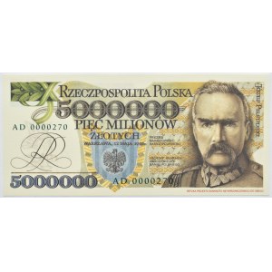 Polska, III RP, 5 milionów złotych 1995, seria AD000300, Replika, UNC