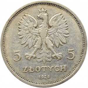 Polska, II RP, 5 złotych 1928 Nike, Warszawa, odmiana ze znakiem mennicy