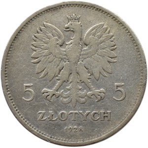 Polska, II RP, 5 złotych 1928 Nike, Warszawa, odmiana ze znakiem mennicy