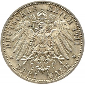 Niemcy, Wirtembergia, Wilhelm i Charlotte, 3 marki 1911 F, Stuttgart