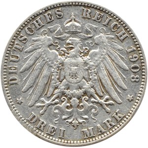 Niemcy, Saksonia, Fryderyk August, 3 marki 1908 E, Muldenhütten