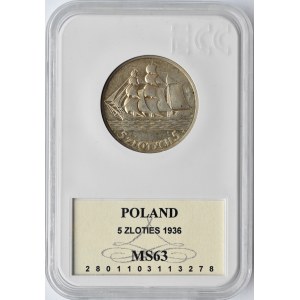 Polska, II RP, Żaglówka, 5 złotych 1936, Warszawa, GCN MS63