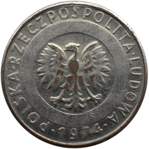 Polska, PRL, 20 złotych 1974, wieżowiec, falsyfikat z epoki, mosiądz posrebrzony