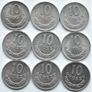 Polska, PRL, lot dziewięciu sztuk 10 groszy 1961-1971, Warszawa