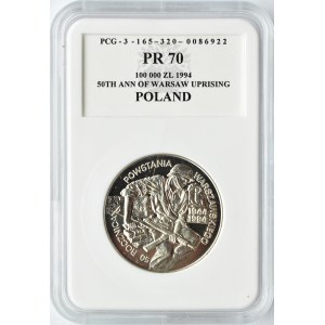 Polska, III RP, 100000 złotych 1994, 50 rocznica Powstania Warszawskiego, PCG PR70