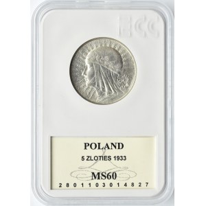 Polska, II RP, Głowa Kobiety, 5 złotych 1933, Warszawa, GCN MS60