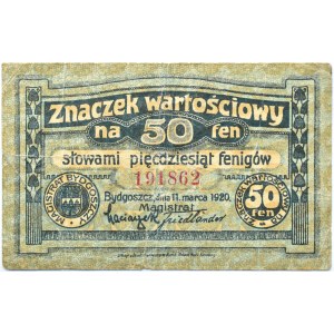 Bromberg, Bydgoszcz, znaczek wartościowy 50 fenigów 1920, granatowy