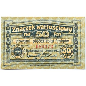 Bromberg, Bydgoszcz, znaczek wartościowy 50 fenigów 1920, granatowy, UNC