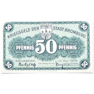 Bromberg, Bydgoszcz, Gutschein 50 pfennig 1919, UNC, szaroniebieski