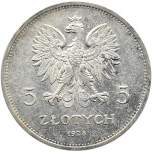 Polska, II RP, 5 złotych 1928 Nike, Warszawa, odmiana ze znakiem mennicy