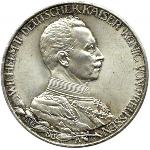 Niemcy, Prusy, Wilhelm II w mundurze, 3 marki 1913 A, Berlin, UNC
