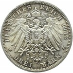 Niemcy, Prusy, Wilhelm II w mundurze, 3 marki 1913 A, Berlin, UNC