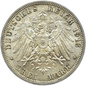 Niemcy, Prusy, Wilhelm II w mundurze, 3 marki 1913 A, Berlin, UNC