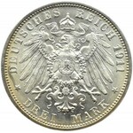 Niemcy, Wirtembergia, Wilhelm i Charlotte, 3 marki 1911 F, Stuttgart, UNC