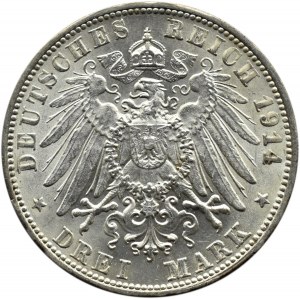 Niemcy, Wirtembergia, Wilhelm II, 3 marki 1914 F, Stuttgart, UNC
