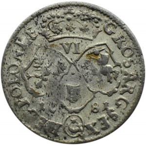 Jan III Sobieski, szóstak 1681 TLB, Bydgoszcz, nierówna liczba klejnotów w koronie