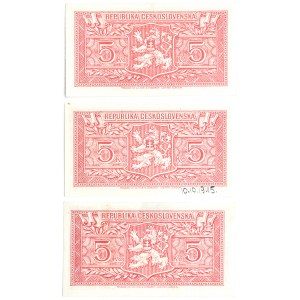 Tschechoslowakei, Los 5 Kronen 1945, verschiedene Serien, London, UNC
