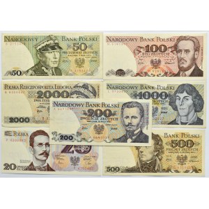 Polska, PRL, lot 7 banknotów 20-2000 złotych, Warszawa, same jednoliterowe serie