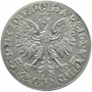 Polska, II RP, Głowa Kobiety, 5 złotych 1933, Warszawa, ciekawy destrukt