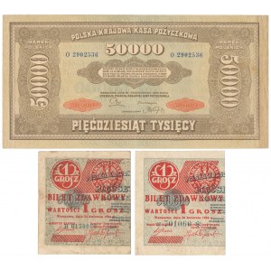 50.000 mkp 1922 i 2x 1 grosz 1924 - lewe połowy (3szt)