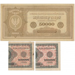 50.000 mkp 1922 i 2x 1 grosz 1924 - lewe połowy (3szt)