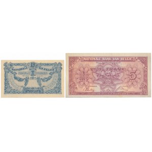 Belgium, 1 Franc 1921 & 5 Francs / 1 Belgas 1943 (1944) (2pcs)