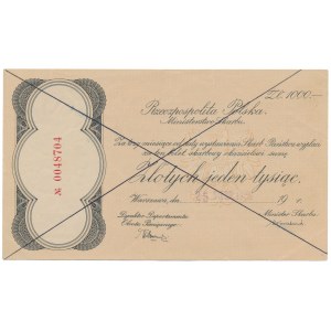 Bilet Skarbowy Ministerstwa Skarbu - 1.000 złotych 1939 - skasowany - ex. Lucow
