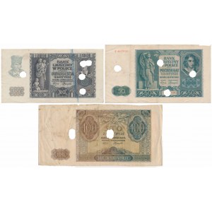 20, 50 i 100 zł 1940-41 - skasowane (3szt)