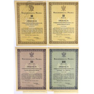 5% Poż. Konwersyjna 1924, KOMPLET Obligacji 2x 10, 50 i 100 zł (4szt)
