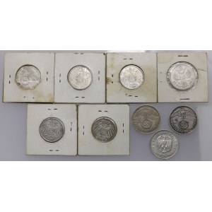 Germany, Silver 1 - 5 mark 1903-1939 + Russia, lot (9pcs)