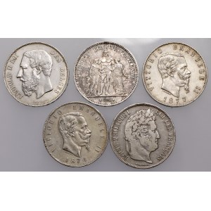Italien, Frankreich und Belgien, 5 Lire 1874-1877, 5 Franken 1834-1875 - lot (5pcs)