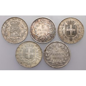 Italien, Frankreich und Belgien, 5 Lire 1874-1877, 5 Franken 1834-1875 - lot (5pcs)