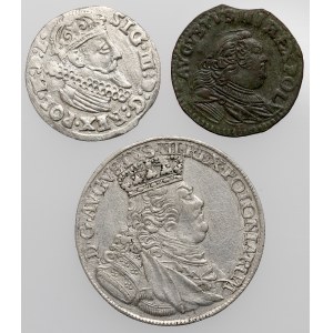August III Sas, Ort 1754 i grosz 1755-H + trojak Zygmunta III (3szt)
