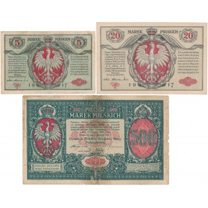 Generał 5 i 20 mkp 1916 i 500 mkp Dyrekcji (3szt)