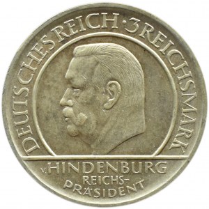 Niemcy, Republika Weimarska, 3 marki 1929 J, Hamburg, Przysięga prezydenta Hindenburga