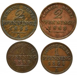 Niemcy, Prusy, lot czterech miedzianych monet 1865-1868 A/B, Berlin/Hannover