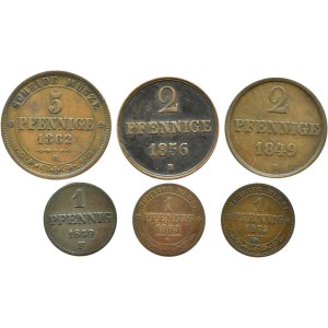 Niemcy, Saksonia/Hannover, lot sześciu miedzianych monet