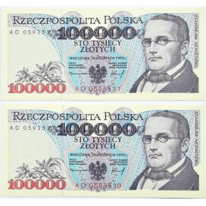 Polska, III RP, 2 X 100 000 złotych 1993, seria AD, UNC, dwa kolejne numery