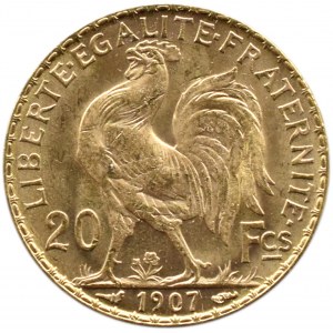 Francja, Republika, Kogut, 20 franków 1907, Paryż, UNC