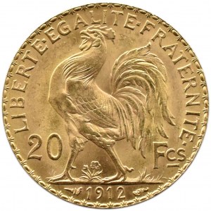 Francja, Republika, Kogut, 20 franków 1912, Paryż, UNC
