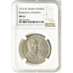 Rosja, Mikołaj II, 1 rubel 1913 BC, 300 lat Domu Romanowów, Petersburg, NGC MS61